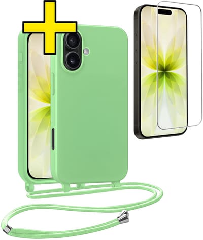 Hoesje Geschikt voor iPhone 17 Hoesje Met Koord Met Screenprotector Siliconen Case - Hoes Geschikt voor iPhone 17 Backcover Met Afneembaar Koord - Groen
