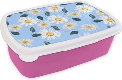 Broodtrommel Roze - Lunchbox - Brooddoos - Madeliefjes - Blauw - Patroon - 18x12x6 cm - Kinderen - Meisje
