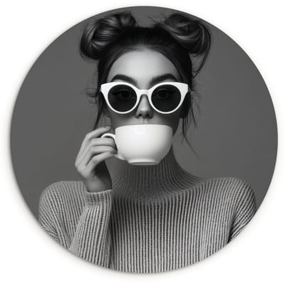 WallCircle® Wandcirkel 120x120 cm - Muurcirkel Vrouw - Koffie - Zwart - Wit - Muurdecoratie woonkamer - Wanddecoratie slaapkamer - Kamer decoratie accessoires - Ronde schilderijen XXL