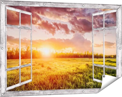 Gards Tuinposter Doorkijk Zonsopkomst in het Veld - 120x80 cm - Tuindoek - Tuindecoratie - Wanddecoratie buiten - Tuinschilderij