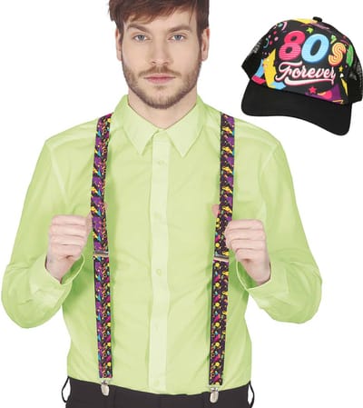 Fiestas Guirca Verkleed bretels en pet - jaren 80/90 printje - roze - volwassenen - 80s/90s
