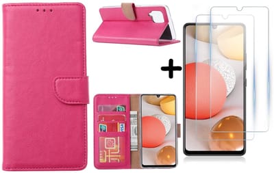 Hoesje Geschikt Voor Samsung Galaxy A42 5G hoesje bookcase Pink - Galaxy A42 wallet case portemonnee - A42 book case hoes cover - 2X screenprotector / tempered glass