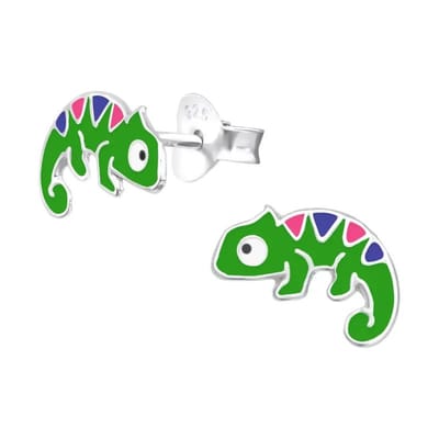 Aramat Jewels | Oorbellen | Zilveren Kameleon Oorbellen - Groene Emaille | | | |6mm | Zilver | Kinderen | Verkleurd niet