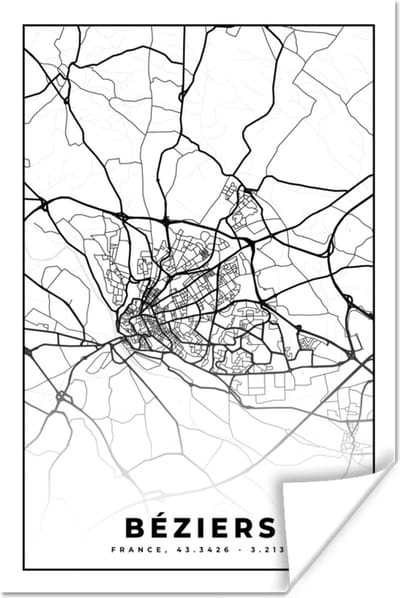 Poster Kaart - Frankrijk - Béziers - Stadskaart - Plattegrond - Zwart wit - 120x180 cm XXL