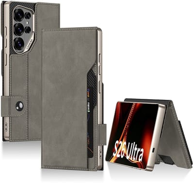 Casemania Hoesje Geschikt voor Samsung Galaxy S26 Ultra - Grijs - Luxe Kunstleer Bookcase met Pasjeshouder Cover
