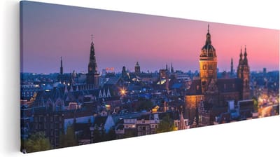 Artaza Canvas Schilderij Skyline Amsterdam - 60x20 cm - Wanddecoratie Stad - Muurdecoratie Zonsondergang - Kamer Accessoires Grachten
