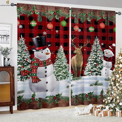 2 stuks Kerst Sneeuwpop Kerstboom Cartoon Bedrukte Gordijnen Restaurant Slaapkamer Nieuwjaar Decoratie Gordijnen Kinderen Cadeaus W50xH130(CM)x2PCS&Rod pocket black