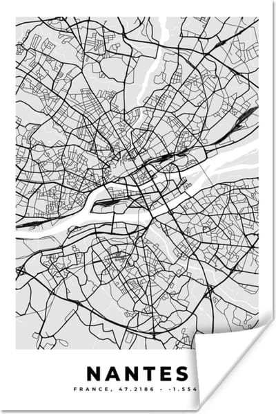 Poster Kaart - Stadskaart - Nantes - Plattegrond - Frankrijk - 120x180 cm XXL