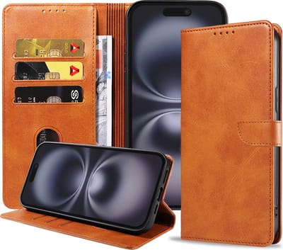 Geschikt voor iPhone 16 Telefoonhoesje Kunstleer met Magnetisch lipje en Pasjeshouder Book Case met Klepje - Bruin - Smartphonica geschikt voor iPhone 16