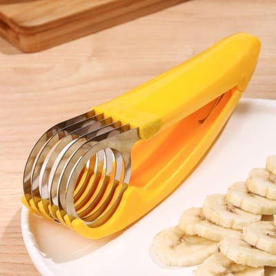 1 pièce trancheuse à banane, trancheuse à saucisse de jambon et fruits, coupe-anneau créatif pour plateaux de salade de cuisine et trancheuse à fruits jaune
