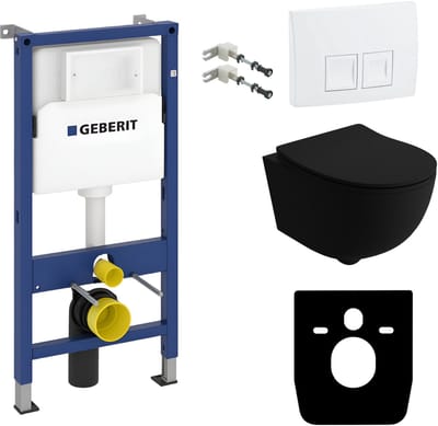 Inbouwreservoir Complete Toiletset Geberit Duofix Basic - Inbouw WC Hangtoilet Wandcloset BRAVA BLACK Zwart Mat - Bedieningsplaat DELTA Wit - Voorwandelement - Installatiesysteem