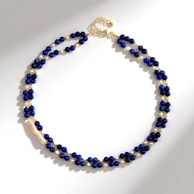 Cavill - Damesketting 925 Sterling Zilver - Verstelbaar - Witte Fancy Zoetwaterparel 26x6 mm - Lapis Lazuli Kralen - Elegante Stijlvolle Luxe Sieraden