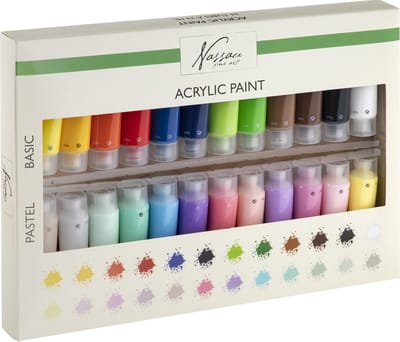 Nassau Fine Art Acrylverf set 24pcs - 22ML Verftubes - 12 pastel kleuren & 12 basis kleuren - hobbyverf