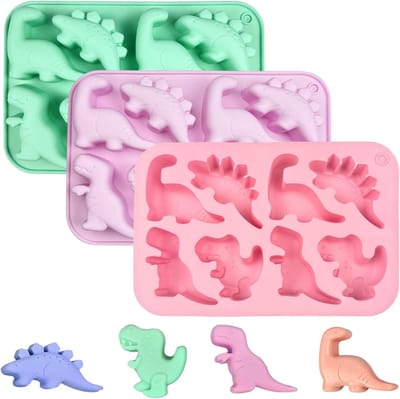 JGS Premium - Taartvorm Dinosaurus Siliconen 3 stuks - Cake IJsblokjes Snoep - 8 holle ruimtes - Bonbons - Roze Groen Paars