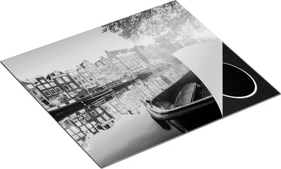 Chefcare Inductie Beschermer Amsterdamse Brug - Gracht - met Bloemen - Zwart Wit - 60x50 cm - Afdekplaat Inductie - Kookplaat Beschermer - Inductie Mat
