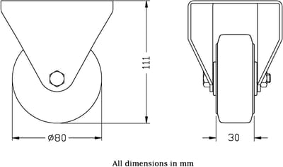 Vast zwenkwiel van 80 mm met zwart rubber op een hartwiel van geperst staal