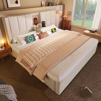 REDOM Bedframe 140x190 cm van linnen – Met hydraulische opbergruimte, bekerhouders en laadstation – Beige