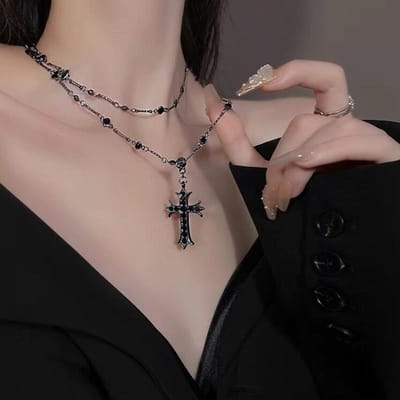Gotische zwarte strass kruis Jezus hanger choker ketting voor vrouwen punk vintage dubbellaagse ketting zwart