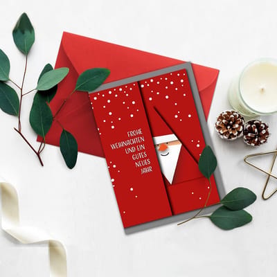 NEUSER PAPIER Kerstkaartenset van 15 stuks, DIN A6 met rood kerstmanmotief, vouwkaarten met enveloppen DIN C6 in rood met natte plakrand, kerstgroeten voor bedrijven en privégebruik