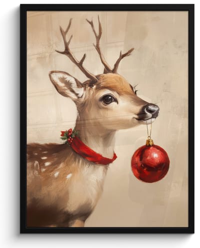 Poster in lijst - Fotolijst 50x70 cm - Posters - Kerst - Hert - Gewei - Kerstbal - Rendier - Posterlijst zwart - Decoratie - Wanddecoratie woonkamer - Muurdecoratie slaapkamer - Kerstversiering - Kerstdecoratie voor binnen - Kerstmis