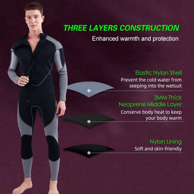 Combinaison Néoprène 3mm pour Homme Fermeture Éclair Avant Combinaison Integrale pour Snorkeling Surf Plongée Sous-Marine Natation
