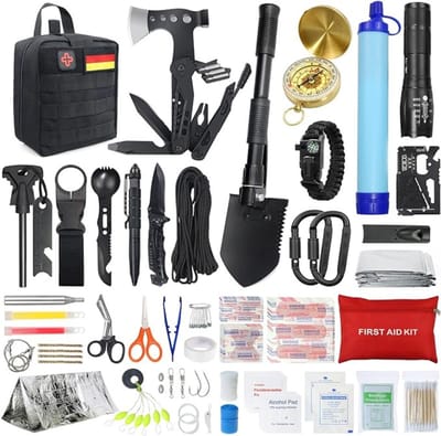 TIM® 28-in-1 Noodpakket Rampenrugzak – Noodpakket Oorlog – Survival Kit – Survivalsets – EHBO Kit Complete Set Met O,A: 5 Delige Hengelset, Mes, Vuurstarter, Bijl en Survival Armband- Zwart- 20cm x 12cm x 10cm; 2.5 kg
