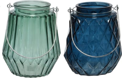 Set van 2x stuks theelichthouders/waxinelichthouders ruit/streep glas zeegroen en donkerblauw met metalen handvat 11 x 13 cm