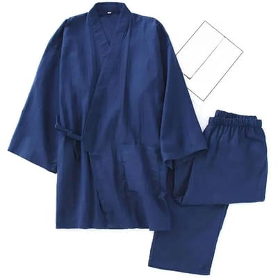 Heren katoenen kimono badjas pyjama dunne lente en herfst zwart en marineblauwe kleur familiekleding losse casual heren badjas set L Vloot