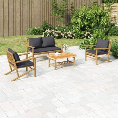 vidaXL - 4-delige - Loungeset - met - kussens - bamboe - donkergrijs