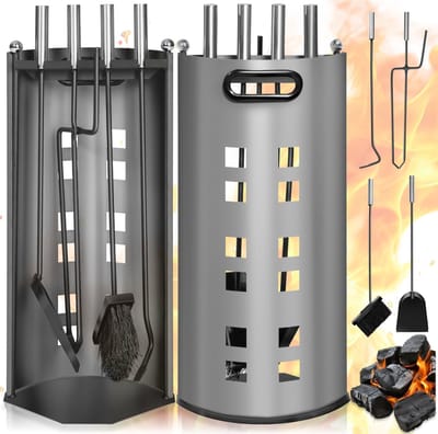 tectake® 5-delige Haardset - Haard Set met Roestvrijstalen Handgrepen - Voor Houtkachel - Bevat Pook - Haardtang - Vuurpook - Kachelpook