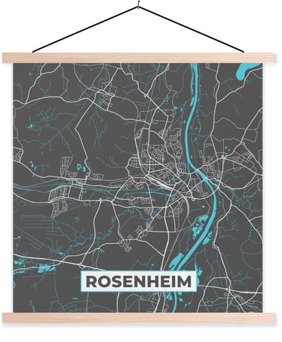 Posterhanger incl. Poster 60x60 cm - Schoolplaat - Plattegrond – Rosenheim – Blauw – Stadskaart – Kaart - Duitsland - Textielposter - Blanke latten - Stadskaart