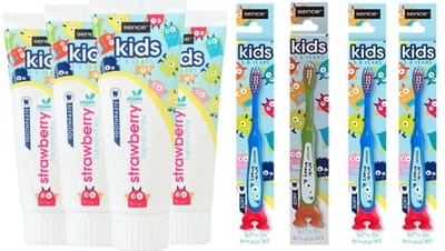 Sence Tandpasta Kids Aardbei - 4 x 75 ml & 4 Sence Kindertandenborstels Brush Bunnies - Voordeelpakket