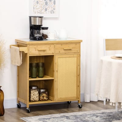MODFU Keukenwagen Met Laden En Kast - Open Planken - Boho-Stijl - Met Wielen - Bamboe - Naturel - 84 X 36 X 85 Cm