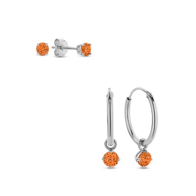 New Bling 9SIL-SET0007 Zilveren Set Oorringen met hangertje en Oorknopjes met Zirkonia - 15mm Doorsnee - Knopjes 3mm - Oranje - Rhodium - Zilver