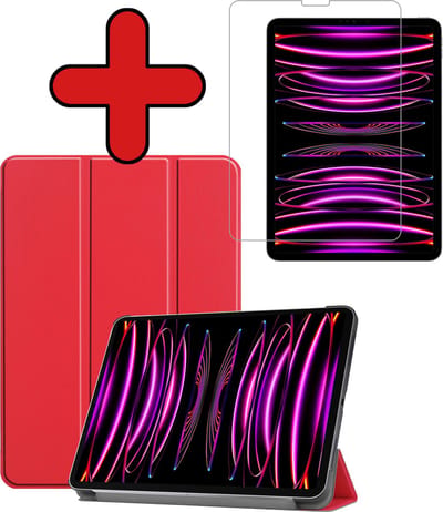 Hoesje - Geschikt voor Apple iPad Pro (2022) - 11 inch - 4e generatie - Met Screenprotector - Hardcover Book Case - Trifold Bookcase Hoes - Hard Cover - Tablethoes - Rood