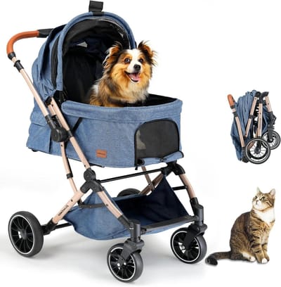 Opvouwbare Hondenwagen - Hondenbuggy Kattenwagen - Comfortabel Vervoer - Omkeerbare Handgreep - Tot 20 kg - Blauw