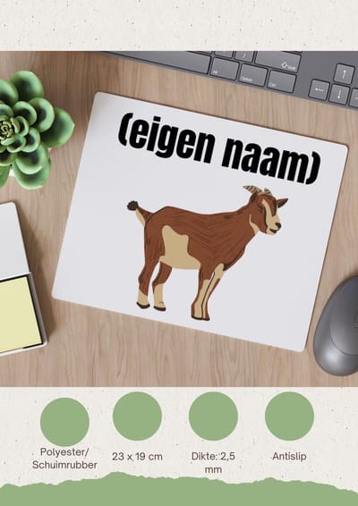 Akyol - geit met hoorn Muismat - Geit - geiten liefhebbers - met eigen naam - dieren liefhebber - leuk cadeau voor iemand die houdt van geiten - cadeau - kado - 23 bij 19 cm