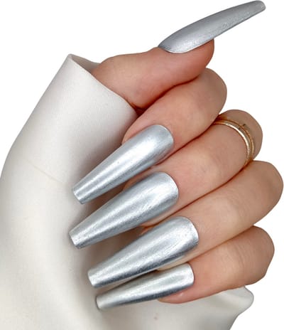 SD Press on Nails - B-98 - Plaknagels met nagellijm - XL Coffin - Zilver- Set 20 Nagels - Cosplay - Nepnagels - Valse Nagels - Extreem lange nageltips - Nail Art - Handgemaakt - Nagellak - Gellak