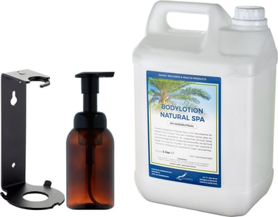 Zeepdispenser 300 ml amber bruin hervulbaar + 5 liter Bodylotion Natural Spa navulling (inclusief beugel)