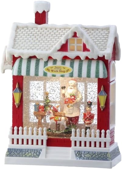 Viv! Christmas Kerst Sneeuwbol incl. LED - 'Santa's Workshop ' Notenkraker Winkel - automatisch - bruin rood wit - 25cm