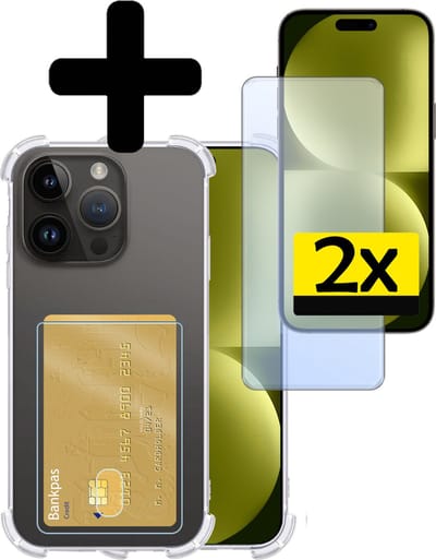 Hoesje - Geschikt voor Apple iPhone 15 Pro - Met 2x Screenprotector - Pashouder - Kaarthouder - Telefoon Hoes Shockproof - Siliconen Case - Back Cover - Shock Proof - Pasjes Houder - Telefoonhoesjes - Transparant