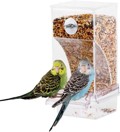 Vogelvoederhuisje - Morsvrije automatische voerbak voor vogels in een kooi - Papegaaienvoerbak voor in de kooi met transparante zitstok en acryl voerreservoir