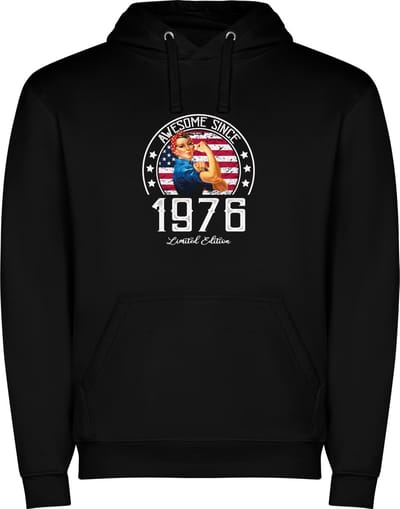 Zwarte unisex hoodie met “ Kleurrijke Awesome Since 1976 Limited Edition – Leeftijd – Verjaardag “ Print Full Color Color merk Roly maat S