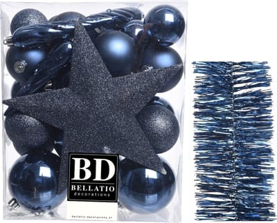 Kerstballen 5-6-8 cm 32x st met ster piek en slingers donkerblauw - kunststof