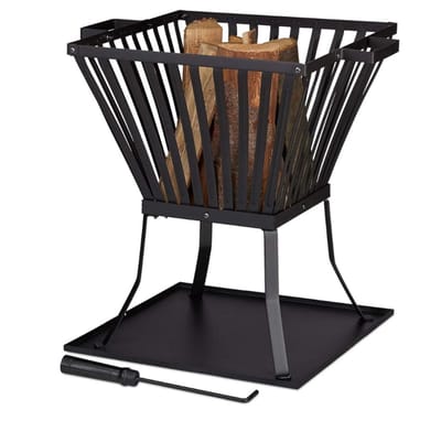 XL vuurkorf met pook - terras en tuin vuurschaal - hout - onderplaat - 56x56.5x45cm - zwart
