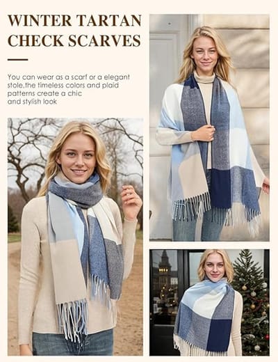 Dames geruit oversized kasjmier sjaal lange zachte wraps dames geruit oversized sjaal lange sjaal voor herfst en winter , Blauw Grijs 2