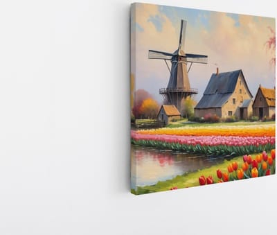 Saammp Canvas Schilderij - Landschap - Abstracte molen met tulpen - Natuur - 20x20 - Foto op canvas - Wanddecoratie - Muurdecoratie Woonkamer - Slaapkamer decoratie - Canvas Print