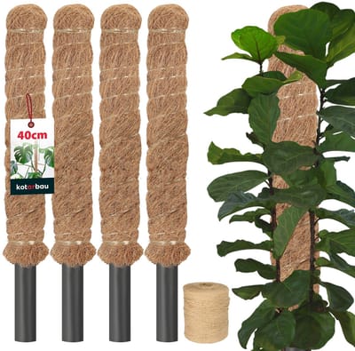 KOTARBAU® 4 st Kokosstok, Plantenstok, ⌀ 2,5 x 40 cm, Kokosstaaf, Klimhulp Monstera, Bruin, Kokosvezel, Klimhulp, Plantenstaaf, Kokosstok voor Monstera, Kokosstaaf voor Klimplanten