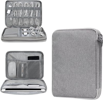 Dubbellaagse organizer voor reiskabels en elektronische accessoires, tas voor tablet en e-reader, grijs, multifunctioneel en compact, 1 stuk