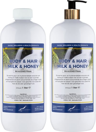 Body & Hair Milk & Honey 1 liter met gouden pomp - set van 2 stuks - 2 in 1 voor lichaam en haar - voordeelverpakking